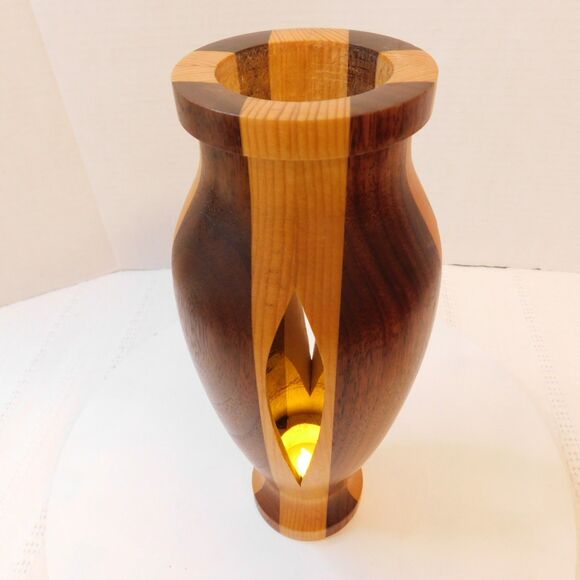 Hand Turned Wooden Vase Tea-Light Candle Holder Stripe Walnut Birch? Wood Decor - Picture 5 of 15